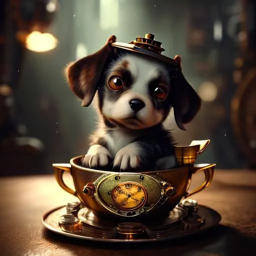 Prompt: steampunk puppy with short ears and long tail in a teacup, moody cinematic lighting, movie