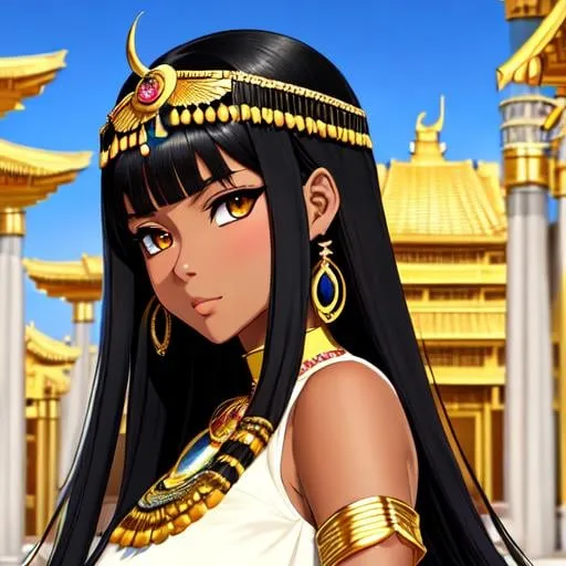 Prompt: an anime illustration inspired by the anime  artist Afukuro

Beautiful Cleopatra girl with dark skin black hair in a strait cut and big yellow eyes ,

Temple Architecture Backdrop background,

She wears a white dress


anime artwork with a realistic style, featuring detailed textures, lifelike shading, and accurate proportions,
 

16k, UHD, HDR10, 16K, ((Masterpiece)) , Absurdres,