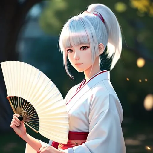 Prompt: Digital style painting, ayaka genshin impact bowl-cut white hair with hair bangs, side ribbons and a ponytail, holding hand fan, wearing hakama, style of Pixar, Fragonard, highly-detailed, cinematic, arms visible, washed out palette, soft pastel color palette, light trails, sunny day, translucent, iridescent, perfect composition, hyperrealistic, super detailed, 8k, high quality, sharp focus, intricate details, highly detailed, dynamic lighting, detailed and intricate environment, highest quality