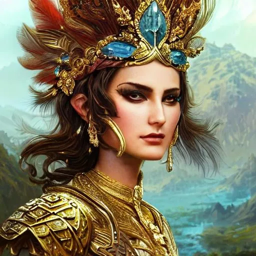 Prompt: A beautiful harpia woman, wearing warrior Intricate legendary Golden armor, beautiful redish iridescent feathers, head shot, close up shot, sharp focus, intricate, majestic, highly detailed, elaborate, cinematic, digital art, lens flare, octane render, fantasy,  in the style of Peter mohrbacher, tom bagshaw, david palumbo, Jacek yerka, Robert Oxley, android Jones, Georgia O'Keeffe, Anato Finnstark