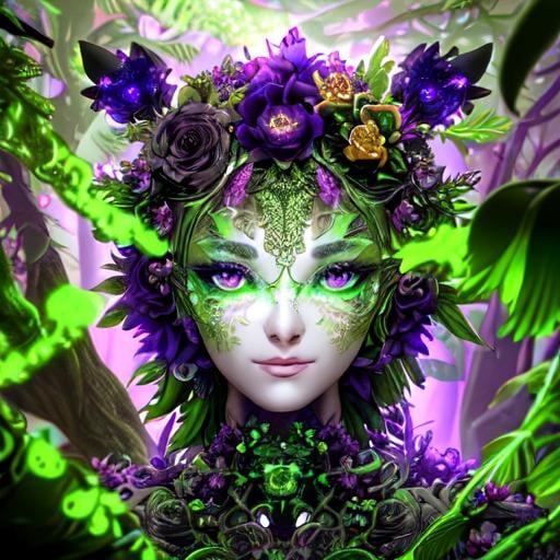 Prompt: ((Cinematic high quality photo)), ((photorealistic close-up portrait masterpiece)) of a mysterious hybrid creature, a fusion of ((floral)) and ((mechanical)) elements, wandering through an enchanted forest of bioluminescent trees and glowing plants. This unique being, with a body covered in lush foliage and intricate gears, has radiant eyes that emit a soft, mesmerizing light. It explores the surreal landscape, a realm where nature and technology coexist harmoniously. Delicate flowers intertwined with polished metal vines form a fascinating, intricate pattern on the creature's skin. High detail, UHD 4k wallpaper, by Roger Dean, Josephine Wall, H.R. Giger, and Daniel Lieske.