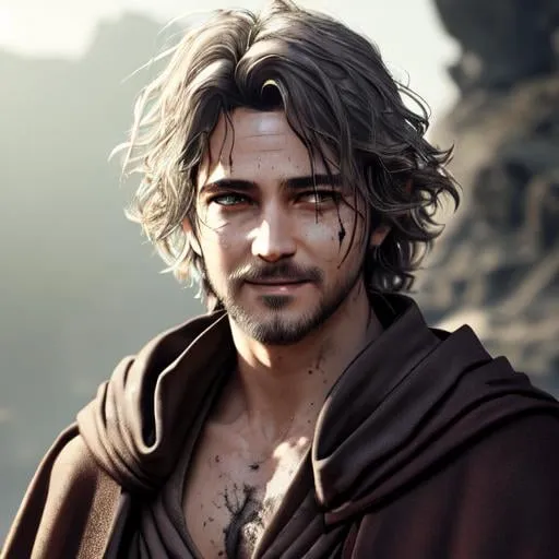 Prompt: dirty, grimy, filthy, dirt on face, unkempt hair, warlock, smiling, Male, charming, messy hair, simple robe, robed clothing, cult leader, dead eyes, D&D, Fantasy, detailed face, elegant, mesmerizing , glorious, cinematic light, hd octane render, high resolution scan, masterpiece, hyperrealism, delicate detailed complex, sophisticated, vibrant colors, highly detailed, intricate detailed, volumetric lighting, light reflection, male, man