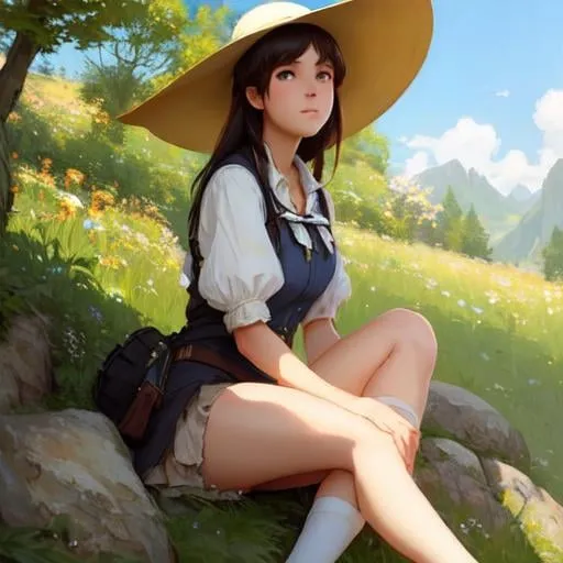 Prompt: A country styled girl in a meadow, sitting on a rock, with a sun hat, perfect features, extremely detailed, realistic. Krenz Cushart + loish +gaston bussiere +craig mullins, j. c. leyendecker +Artgerm, 