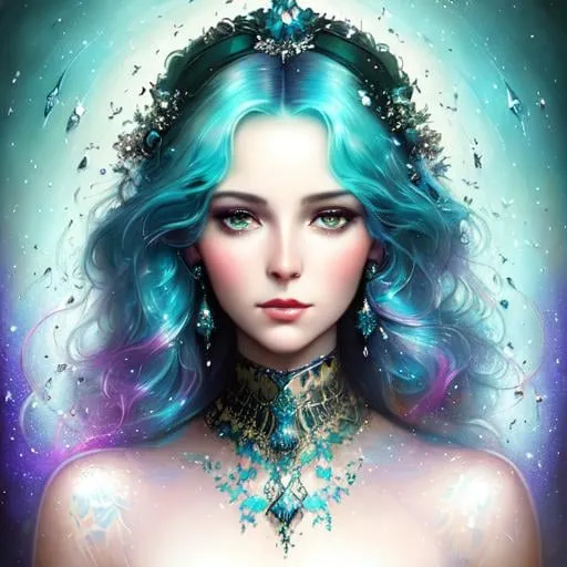 Prompt: Metallic paint splash, drips in shimmer metallic cyan, violet and silver, fast strokes, super clear resolution of a portrait of beautiful mother nature by Tom Bagshaw, Yossi kotler, Karol back, ruan jia, Catrin Welz-Stein , Endre Penovac . Highly detailed, Cinematic smooth, Figurative Art, intricate details, beautiful, cinematic quality, photofinish oil painting, iridescent colors, 4k. 