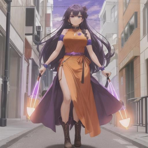 Prompt: full body view, standing, a brown female with purple eyes, has purple and red glowing symbols upon her arms , she is wearing a long orange sleeveless dress that hangs to her ankles and black boots, walking down a street 