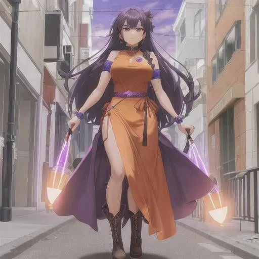 Prompt: full body view, standing, a brown female with purple eyes, has purple and red glowing symbols upon her arms , she is wearing a long orange sleeveless dress that hangs to her ankles and black boots, walking down a street 