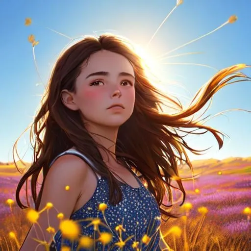 Prompt: A super detailed and clear portrait of a sun kissed girl with dark brown hair dancing in a sun lit field of heather surrounded by floating dandelions