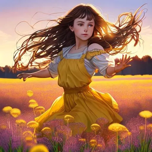 Prompt: A super detailed and clear portrait of a sun kissed girl with dark brown hair dancing in a sun lit field of heather surrounded by floating dandelions