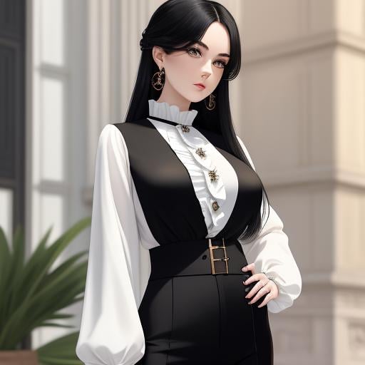 Prompt: (masterpiece, illustration, best quality:1.2), 1girl, solo, pale skin, (toned body, white blouse, black dress pants:1.3), long parted cascading hair, stray hairs, no bangs, reticent demeanor, pants, ruffles, foggy grey eyes, black hair, finely detailed, detailed face, toned face, beautiful detailed eyes, beautiful detailed shading, beautifully detailed background, throne room 