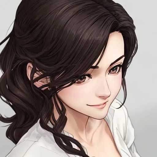 Prompt: masterpiece, fine-tuned, anime, Ultra HD, best quality, woman, side look, high view, sharp calm eyes with dark circles, small nose, hair highlights, dark wavy hair, smug smile