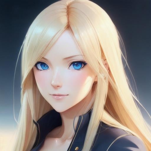 Prompt: full body of a 1 woman, blond hair, long hair, blue eyes, smooth soft skin, beautiful intricate hair, symmetrical, anime narrow eyes, soft lighting, detailed face, by makoto shinkai, stanley artgerm lau, wlop, rossdraws, myoga, concept art, digital painting, looking into camera, happy face, small iris.