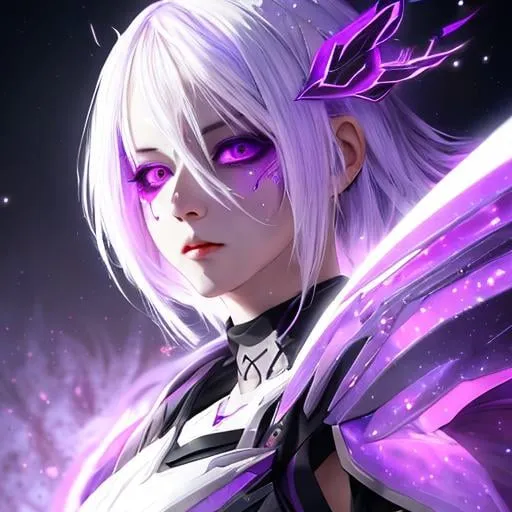 Prompt: 1girl, with white hair, multicolored hair, purple eyes, mask on the head, side lighting, light particles wallpaper,