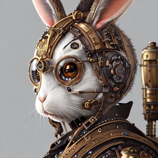 Prompt: ultra realist soft painting of a single steampunk rabbit warrior, very intricate details, scar in the face, reflections, refractions, symmetry accurate humanoid anatomy features, unreal render