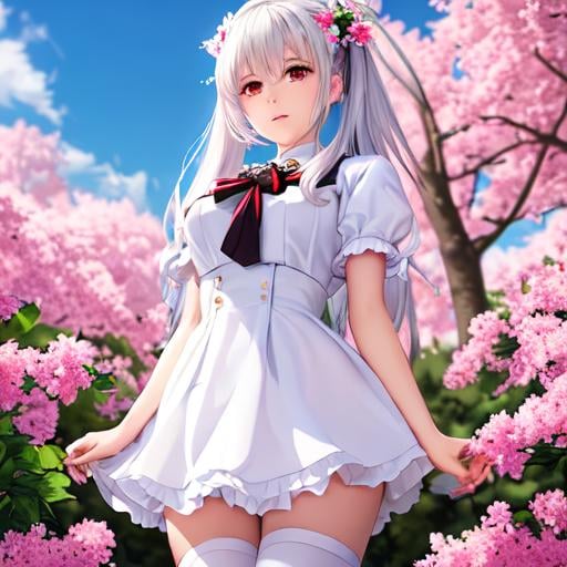 Prompt: (masterpiece), (best quality), (official art, extremely detailed CG unity 8k wallpaper), (highly detailed), ((absurdres)), 1girl, mid shot, (exquisite facial features),(serafuku:1.3) ((sfw)),((clear hands)), ((white thighhighs without shoes)),flower-shaped pupils, color contact lenses, stars in the eyes, (((masterpiece))), ((the best quality, super fine illustrations, beautiful and delicate water)), ((very delicate light)), ((nature, painting)), ((fine lighting, more transparent stars, high-quality snowflakes, high-quality mountains, very fine 8KCG wallpapers)), (plateau), (((snow mountain))), sunrise, randomly distributed clouds, (snow field), cliff, ((rotating star sky)), ((lake in mountain stream)), luminous particles ,hiqcgbody,atdan,shinkai makoto,masterpiece, best quality,