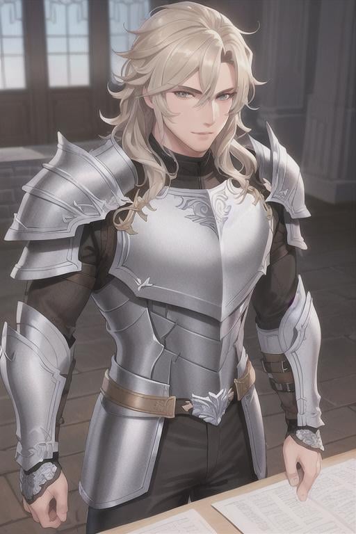 Prompt: male fantasy warrior, very handsome, gray eyes, medium musculature, dirty blonde, short wavy hair, full leather armor, very detailed eyes, UHD, 64K, sharp focus, studio photo, intricate details, highly detailed