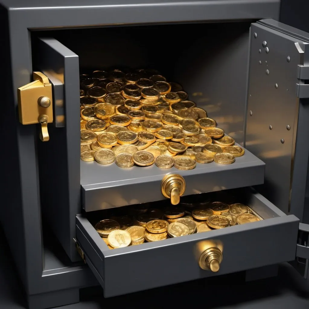 Prompt: Gold coins are pouring out of the safe.
A hundred dollars' worth of money is pouring out of the safe.