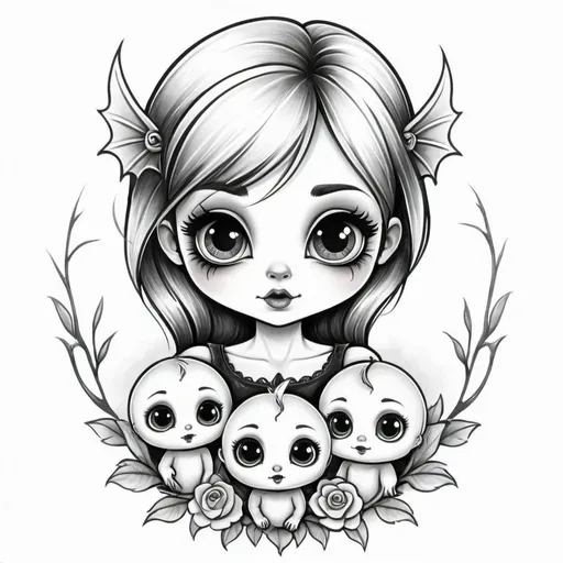 Prompt: Sweet and cute with one mom and three kids. Simple drawing Gothic. Tattoo