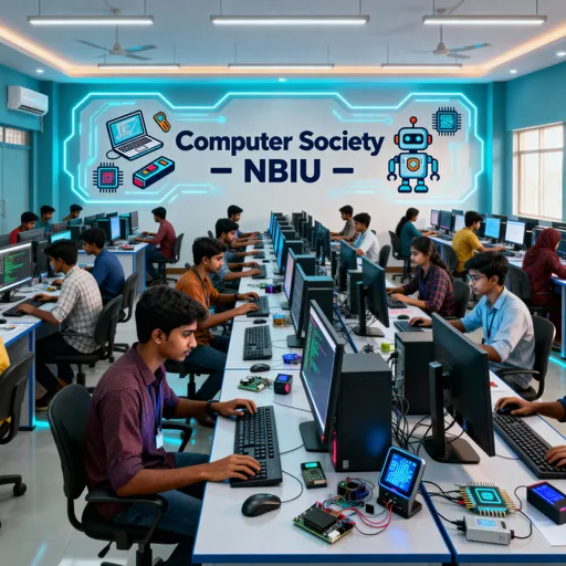 Prompt: A large, modern computer lab in Bangladesh, decorated with rows of computers and local tech items such as keyboards, monitors, and digital devices. Students are sitting in front of computers, deeply focused on their tasks — coding, designing, and learning. The room is brightly lit with futuristic lighting, creating a high-tech, inspiring atmosphere. On the wall, the text “Computer Society – NBIU” is written in an attractive, catchy design, surrounded by gadget icons like laptops, robots, and microchips. Highly detailed, ultra-realistic, 4K render, university environment, cinematic lighting, wide-angle view.