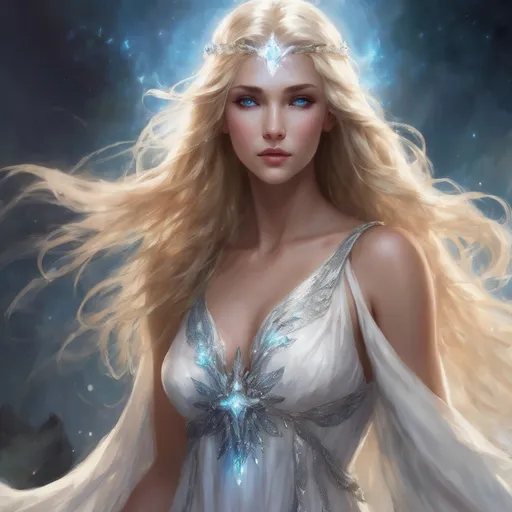 Prompt: blond haired goddess with long flowy white sparkly gowns and she has earth power she also has long flowy hair and blue eyes.