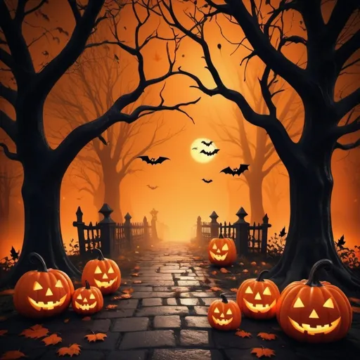 Prompt: (halloween wallpaper), spooky atmosphere, enchanting decorations, vibrant orange and black tones, whimsical ghosts and pumpkins, eerie silhouettes, autumn leaves scattered, moody lighting effects, eye-catching design, enticing for passersby, dynamic and engaging composition, high quality, (4K) detailed textures, inviting yet haunting vibe.