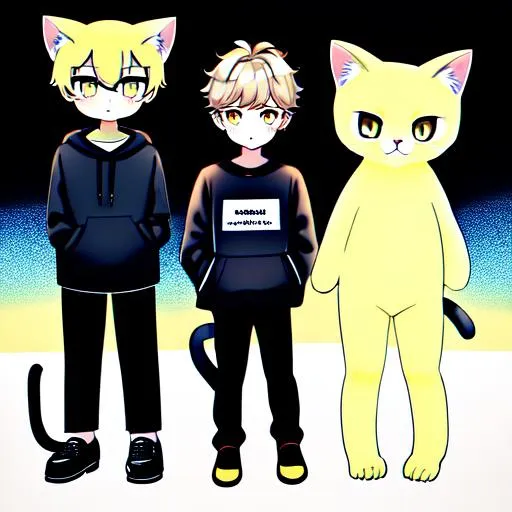 Prompt: 15 year old cat-boy, look like a human with cat ears and a cat tail, black curly, black fur, yellow eyes, 5 feet tall, light brown skin, and Wearing a black shirt and black pants with a black hoodie