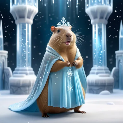 Prompt: A capybara wearing an Elsa princess gown in a shimmering ice castle, dancing gracefully. The dress is light blue with glitter, featuring a transparent cape and snowflake details. The background has icy pillars and walls sparkling in crystalline light. Gentle snow flurries float 
in the air, capturing a magical winter atmosphere. Hyper-detailed, cinematic lighting, 8K, fantasy style.