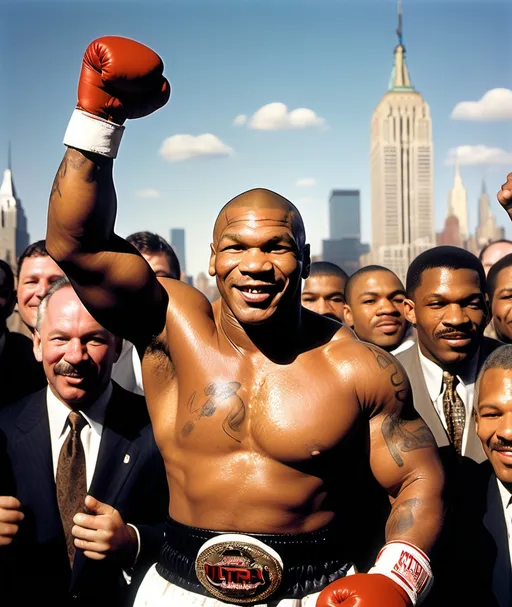 Prompt: (Believe Mike Tyson smiling), vibrant New York skyline backdrop, (championship atmosphere), cheering crowd, bright sunlight casting dynamic shadows, vivid colors, urban energy, high-level excitement, (ultra-detailed), capturing the moment of triumph and joy, sporting context, cinematic depth, celebrating a legendary boxing event.