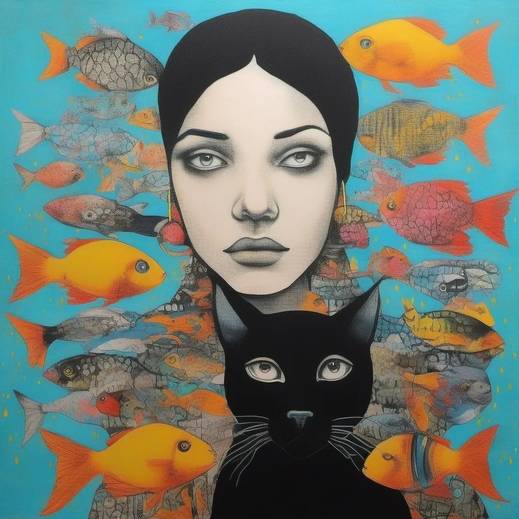 Prompt: An Indian lady with colourful fishes around in the background, and a black cat