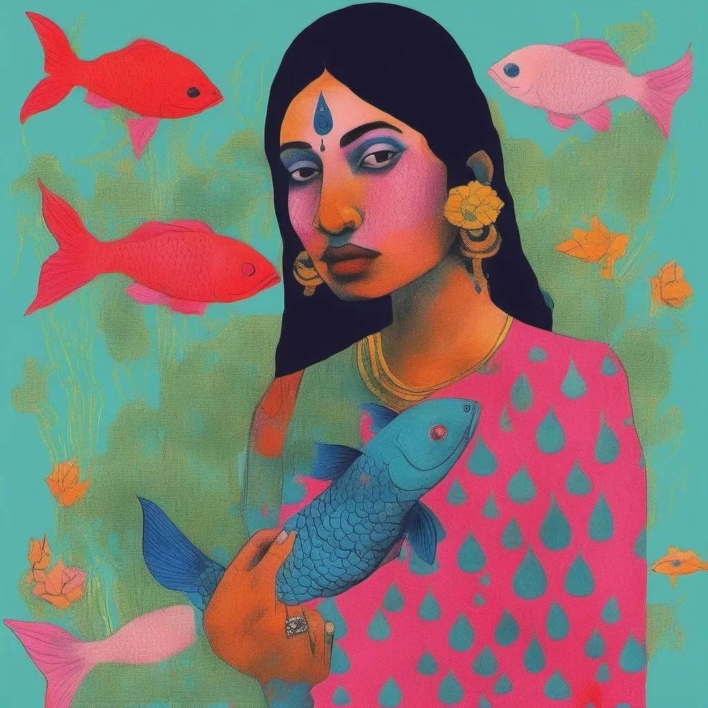 Prompt: An Indian lady with lotus and colourful fishes around her