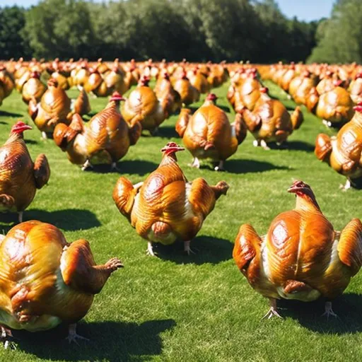 Prompt: make a large rolling field filled with cooked rotisserie chickens 