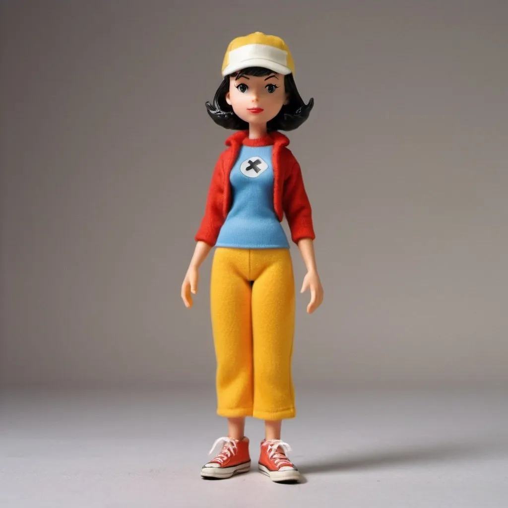 Prompt: Generate 35 mm  film still with Tatsunoko production aesthetic of a vintage action figure of a skinny 35 year old  surfer and trucker woman, with realistic proportions. Her face must be a mix of Marcie Johnson from the comics strip Peanuts  and Velma from Scooby Doo. 

The character must have a round, simplistic face like Charlie Brown. 

Dress the action figure with oversized woolly fabrics workwear clothes, with very long straight pants  and  vintage converse sneakers.

Her expression should be determined yet endearing, with a smile, capturing the youthful and adventurous spirit of Trixie from Speed Racer.

Place it from head to toes in an isometric view, against a empty neutral light luminescent background.
