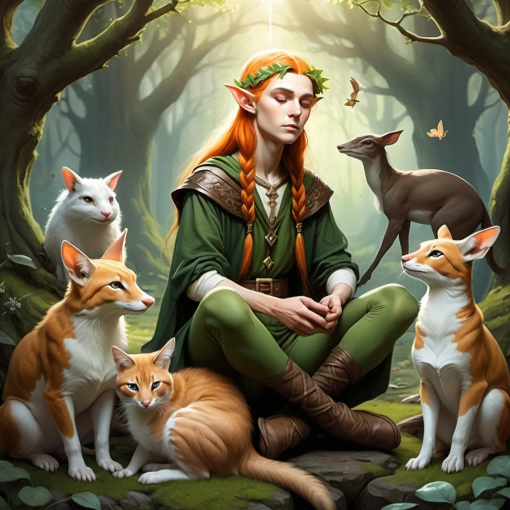Prompt: druido o persona elfica di caratteristiche androgine intorno alla natura, seduto a gambe incrociate ch efa qualcosa di magico con attorno animali 