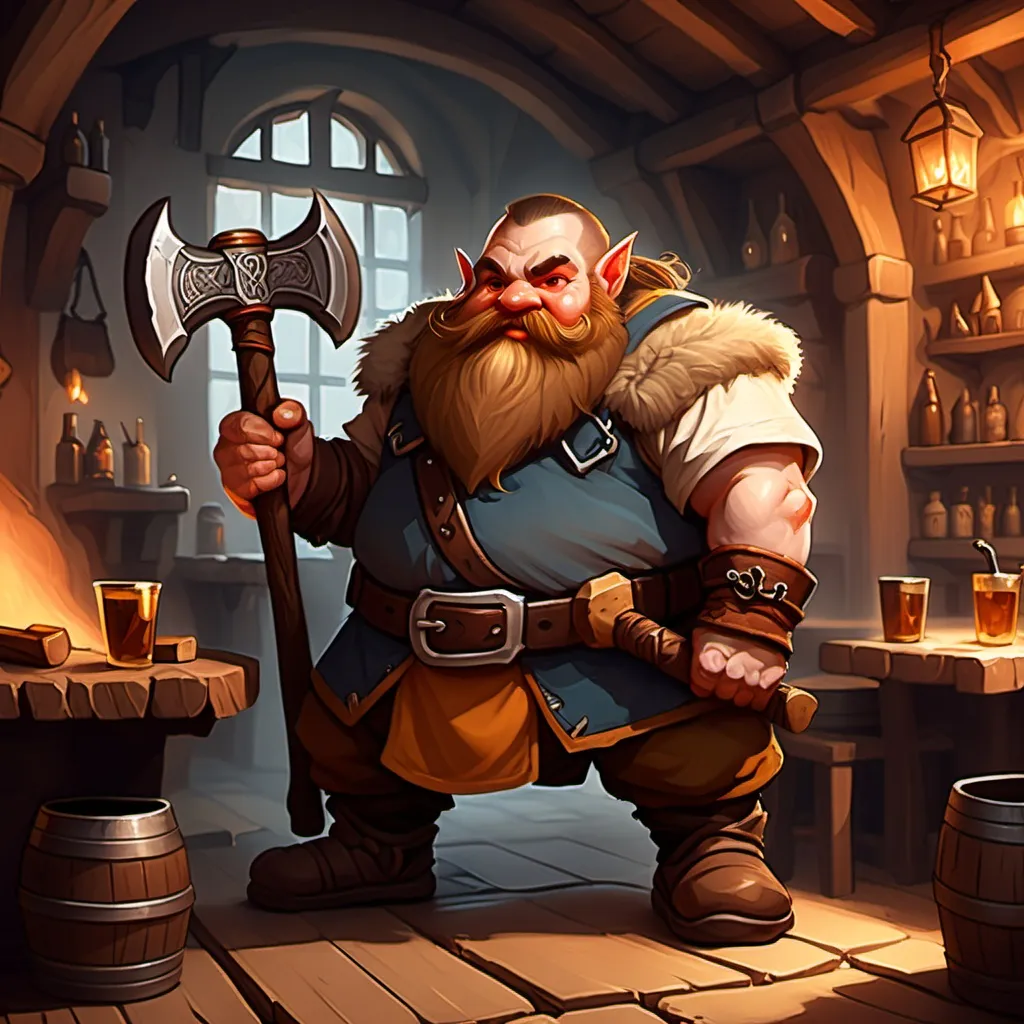 Prompt: dwarf character holding an axe in a tavern , fantasy character art, illustration, dnd, warm tone