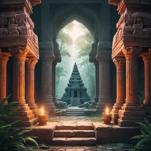 Prompt: Please design a cover image for a website about spiritual tourism tours in the size of 1024 x 370 pixels. The image should incorporate elements that represent the sacred and mystical nature of the locations, such as ancient temples, religious symbols, or natural landscapes. The design should be visually striking and evoke a sense of wonder and reverence. Please use a color palette that is calming and harmonious.