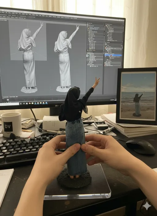 Prompt: 
There are two hands lifting the statue while turning it left and right after putting it back down.
