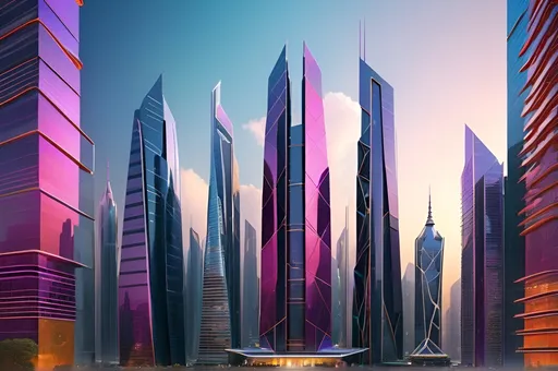 Prompt: futuristic cityscape, (geometric skyscrapers), 3D effect, (vibrant colors), sleek and shiny business design, innovative architecture, dynamic urban environment, high-tech aesthetic, (modern vibe), intricate details, mesmerizing lights illuminating buildings, (ultra-detailed), captivating composition, creating a sense of progress and innovation, immersive atmosphere, showcasing the future of city living.