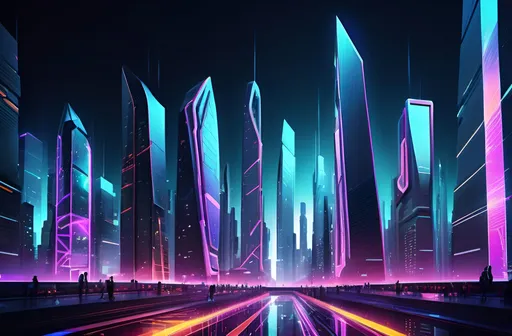 Prompt: (futuristic cityscape), sleek skyscrapers with geometric shapes, (vibrant colors), shimmering lights, high-tech atmosphere, (modern) and innovative design elements, dynamic foreground with a shiny business aesthetic, crowded with advanced technologies, (ultra-detailed), night scene glowing with neon lights, showcasing progress and evolution, (cinematic depth) in a bustling, captivating urban environment.