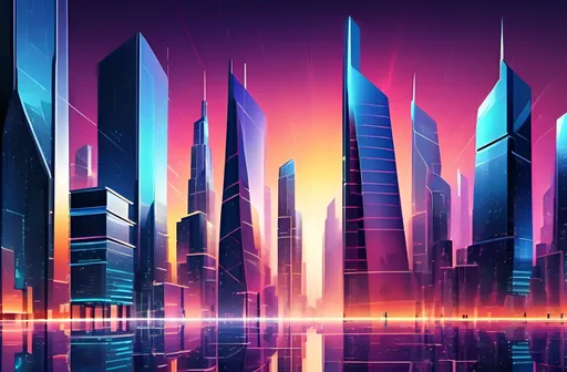 Prompt: (futuristic cityscape illustration), dynamic geometric skyscrapers, (vibrant colors), sleek business foreground design, high-tech elements, expansive skyline with shimmering surfaces, modern and innovative architecture, atmospheric lighting creating a sense of depth, (ultra-detailed), urban ambiance.