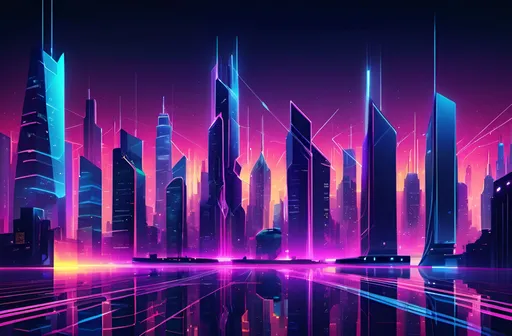 Prompt: futuristic cityscape illustration, (high-tech), geometric skyscrapers, (vibrant colors), sleek and shiny business background, modern design elements, innovative atmosphere, dynamic skyline, intricate details, glowing neon lights, expansive streets filled with technology, (ultra-detailed), bright ambient light, immersive environment, captivating composition, (dramatic) visuals, contemporary architectural style.