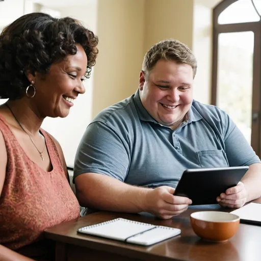 Prompt: A smiling obese White man is sitting at a table and looking at a tablet. An older in-shape Black woman with a paper notebook is sitting next to the man and looking at his tablet.    