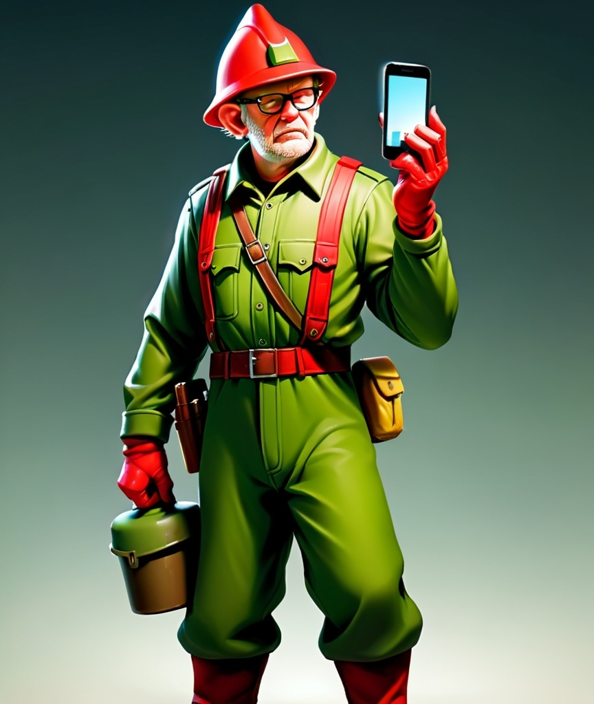 Prompt: Detailed digital painting of EFF soldier Carl Niehaus with elf-like features, wearing a red overall and hard hat, holding a cellphone with a drunk expression, high-res, professional, realistic, detailed facial features, red tones, dramatic lighting, political art