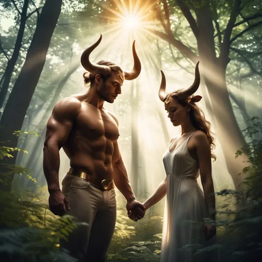 Prompt: Taurus male and female in a mystical forest around sunlight
