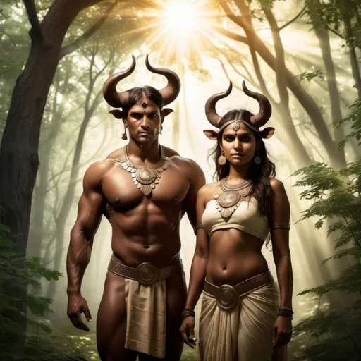 Prompt: Taurus male and female in a mystical forest around sunlight, With the Indian Look
