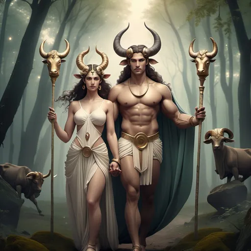 Prompt: Goddess and God like Male and Female of Zodiac Taurus are holding hands, like depicted on the picture below. Both are wearing Ancient Greek clothes and is holding a Libra on the other hand and the Godess is holding a long stick with horns in its tip on her other hand.They are looking strong a confident. The Backround is a dreamy forest with With the Realistic Face ,portrait, oil painting
