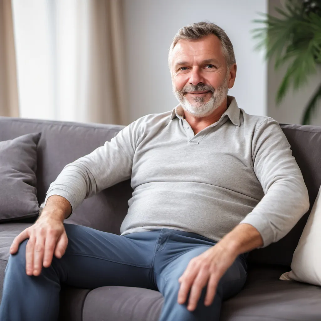 Prompt: Midage male succesfull relaxed sitting on a sofa