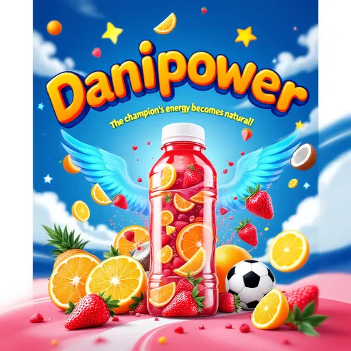Prompt: Crea un afiche publicitario colorido y divertido para una bebida energética natural llamada 'DaniPower', diseñada para niños deportistas (especialmente futbolistas). Usa un estilo ilustrado, alegre y con elementos que atraigan a niños de 9 años. Incluye lo siguiente:

Título principal: 'DaniPower' en letras grandes, gruesas y dinámicas (colores naranja, azul y blanco, con efecto 3D o brillo).

Eslogan debajo del título: '¡La energía del campeón se hace natural!' en tipografía bold y contrastante (ej.: amarillo sobre fondo azul).

Imagen central:

Una botella deportiva transparente llena de un líquido rojo/naranja (como jugo de fresa y naranja), con trozos de frutas flotando dentro (fresas, naranjas, limones).

Alrededor, iconos de frutas (naranjas, cocos, fresas) y un balón de fútbol con alas (símbolo de energía).

Niño deportista: Dibuja un niño de 9 años (con camiseta de fútbol y pelo corto) tomando la bebida y sonriendo, con un campo de fútbol de fondo simplificado.

Beneficios en viñetas: Usa íconos minimalistas junto a cada punto:

💧 "Hidratación natural (agua de coco y frutas)"

⚡ "Energía para correr y jugar"

� "Sin químicos, ¡solo ingredientes reales!"

Sabores destacados:

Clásico (Fresa + Naranja)

Tropical (Piña + Mango)

Berry Power (Arándanos + Frambuesas)

Toque final:

Un sol radiante en la esquina superior.

La frase "¡Hecho por Daniel, futuro científico de bebidas!" en la parte inferior.

Palabras de acción: "¡Pruébalo hoy!" o "¡Siente el poder natural!" en un botón amarillo ficticio.

Estilo gráfico: Ilustración digital vibrante, estilo 'dibujo animado moderno' (como los posters de productos infantiles). Evita realismos fotográficos. Colores predominantes: naranja, verde lima, azul eléctrico y rojo. Fondo blanco o degradado de azul claro a verde agua.