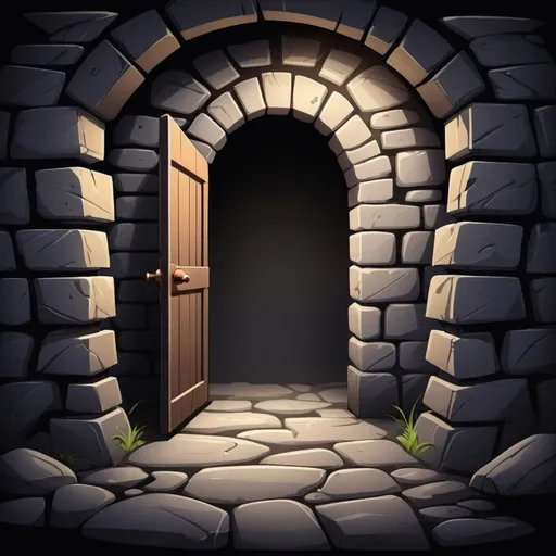 Prompt: 3 inch Stone wall interior open entrance to darkness in cartoon style 