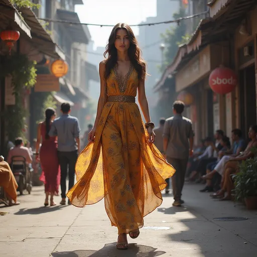 Prompt: Tall young woman walking down the high street, elegant detailed clothing flowing gently, photorealistic, bright natural lighting, bustling urban environment, lively atmosphere, vibrant shops and cafes in the background, with Indian people engaging in casual conversations around, capturing a sense of culture and community, ultra-detailed, engaging composition.