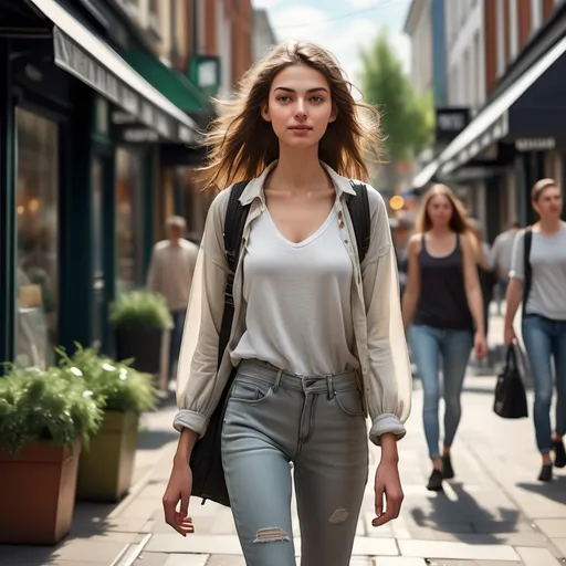 Prompt: Tall young woman walking down the high street, detailed clothing, realistic, natural lighting
