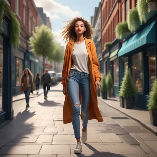 Prompt: Tall young woman walking down the high street, detailed clothing, realistic, natural lighting